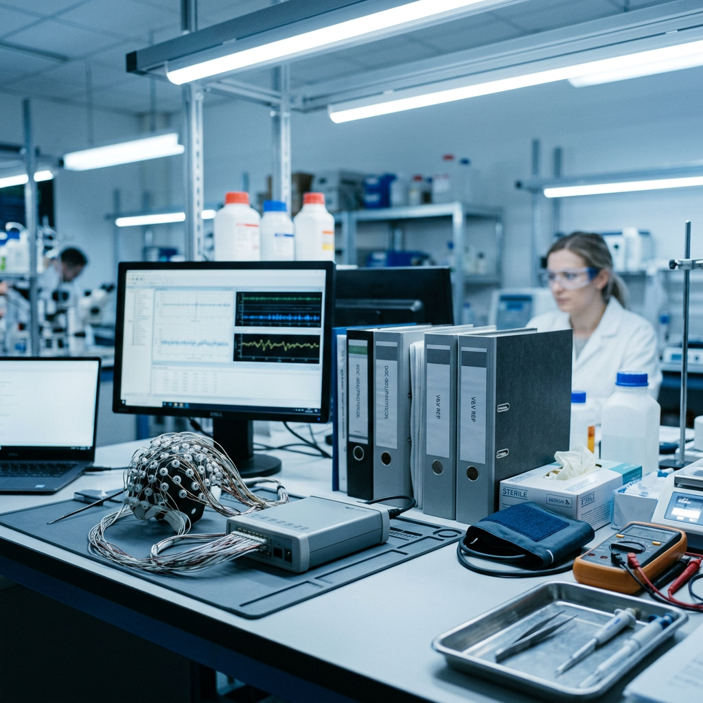 Biomedical laboratory workstation with monitoring equipment and clinical supplies